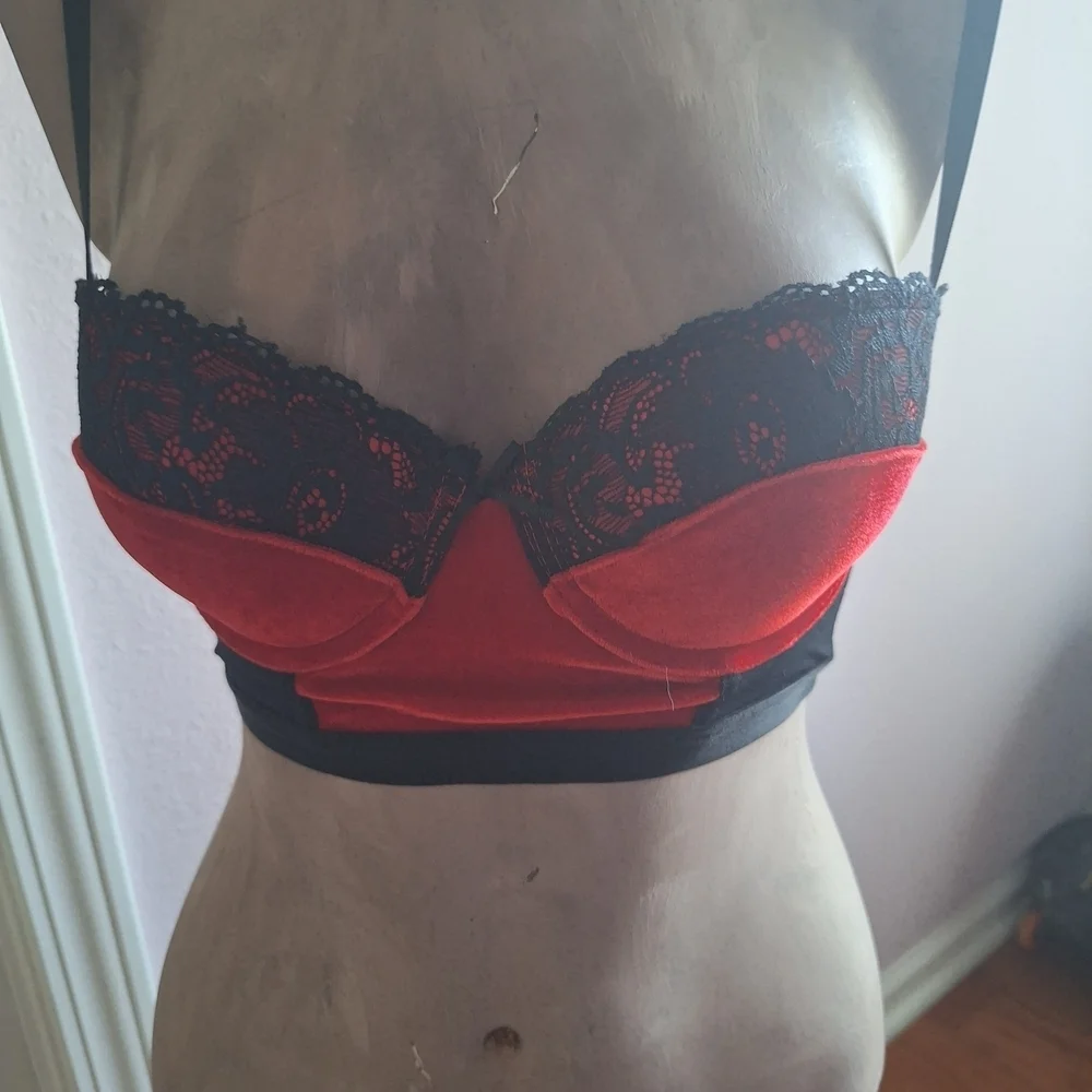 Elegant Red Velvet and Black Lace Bralette